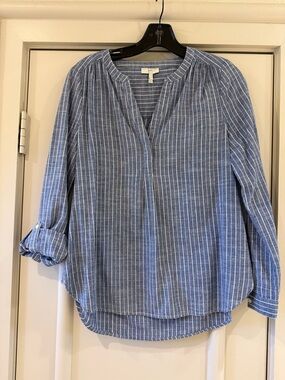 Joie Blue and White Pinstripe Split-Neck Blouse
